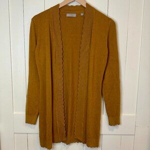 Evolution by Cyrus Mustard Scallop Trim Open Front Long Cardigan Sweater SP